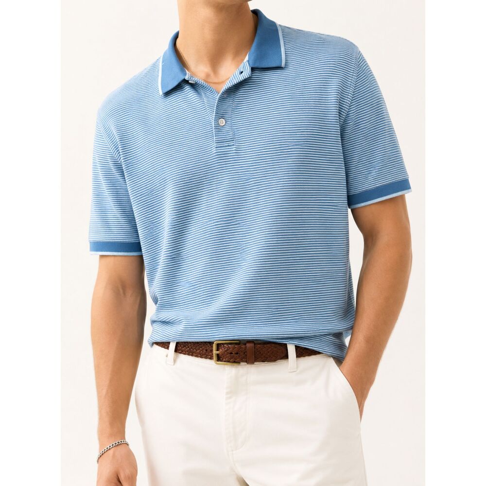 Original Island Sport Blue Striped Polo Shirt Men's Large Cotton Coastal Preppy
